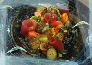 Baby bonito with wasabi mascarpone, heirloom tomatoes, micro basil, baby cucumbers, radish and shallot vinaigerette