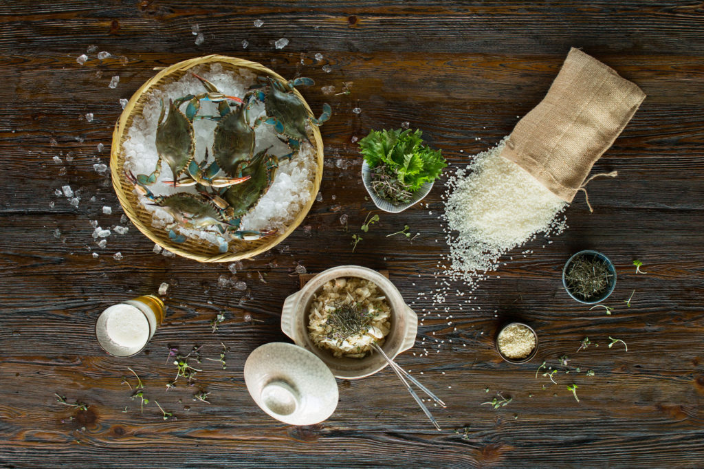 Tamaki Gold Koshhikari sushi rice and live Blue Crab used in the Dragonfly Chahan (Japanese Garlic Blue Crab Fried Rice). 